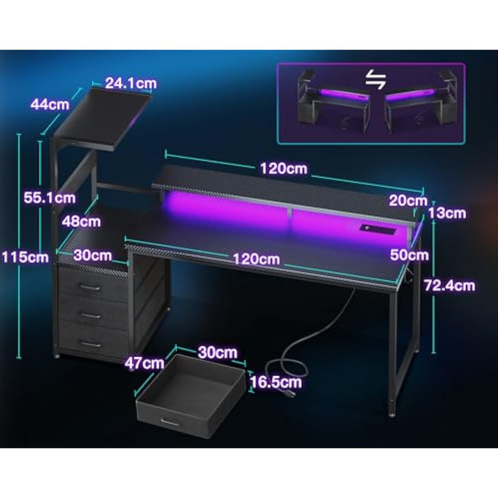 Coleshome Gaming Desk with LED Lights, Power Outlet & Drawers – 150cm