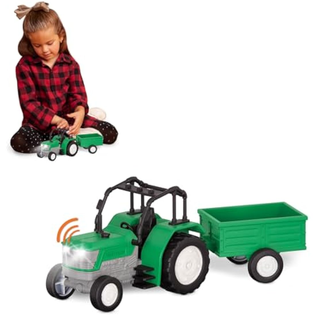 Driven Green Micro Toy Tractor with Trailer, Lights and Sound - 2pc