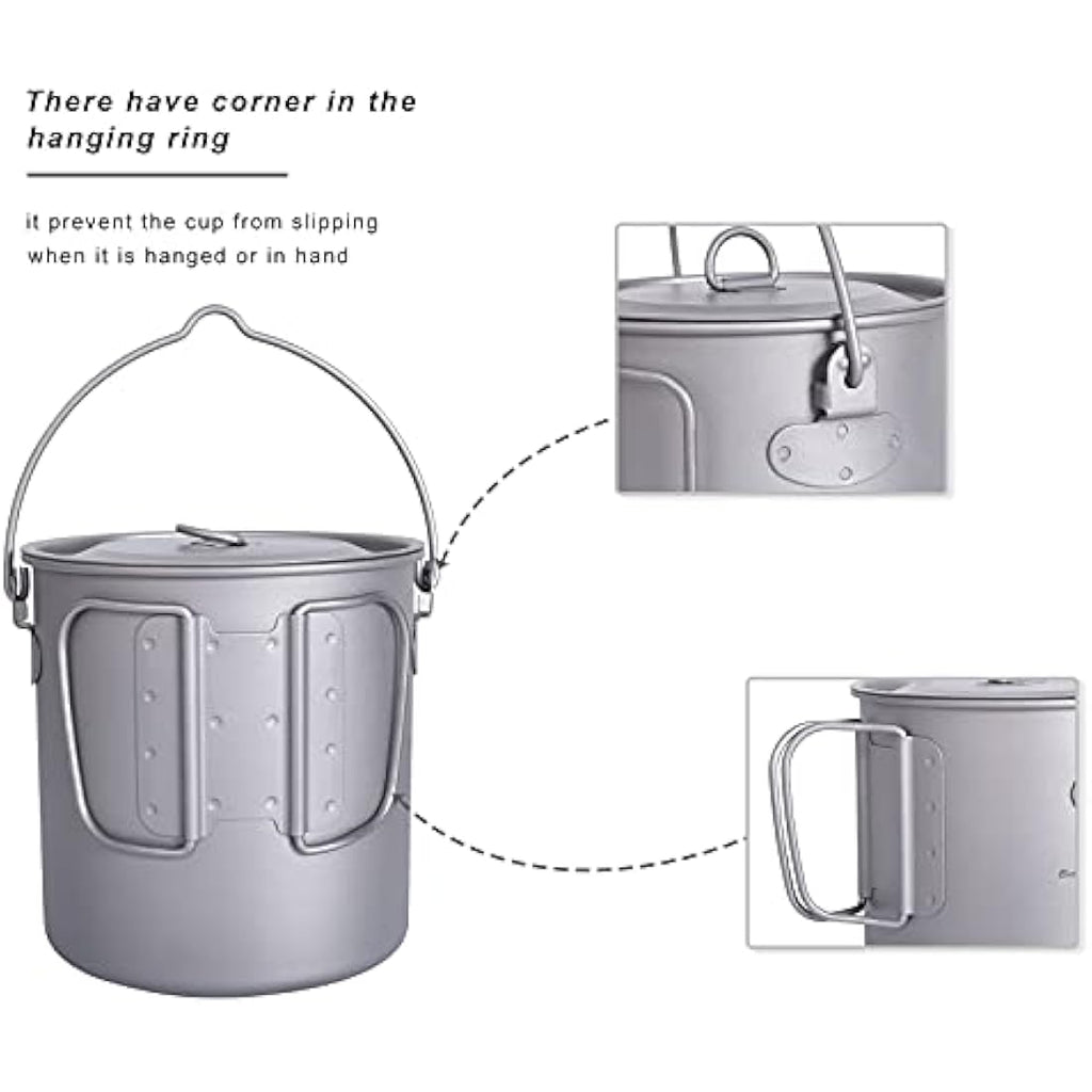 iBasingo 1250ml Titanium Camping Mug | Ultralight Outdoor Pot with Lid