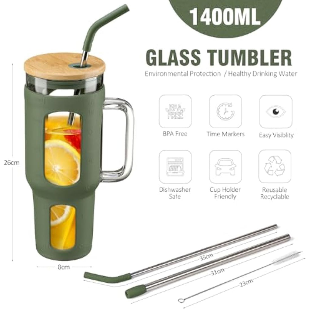 BLUEGO 1.4L Glass Tumbler with Handle and Straw – Iced Coffee Cup, Olive
