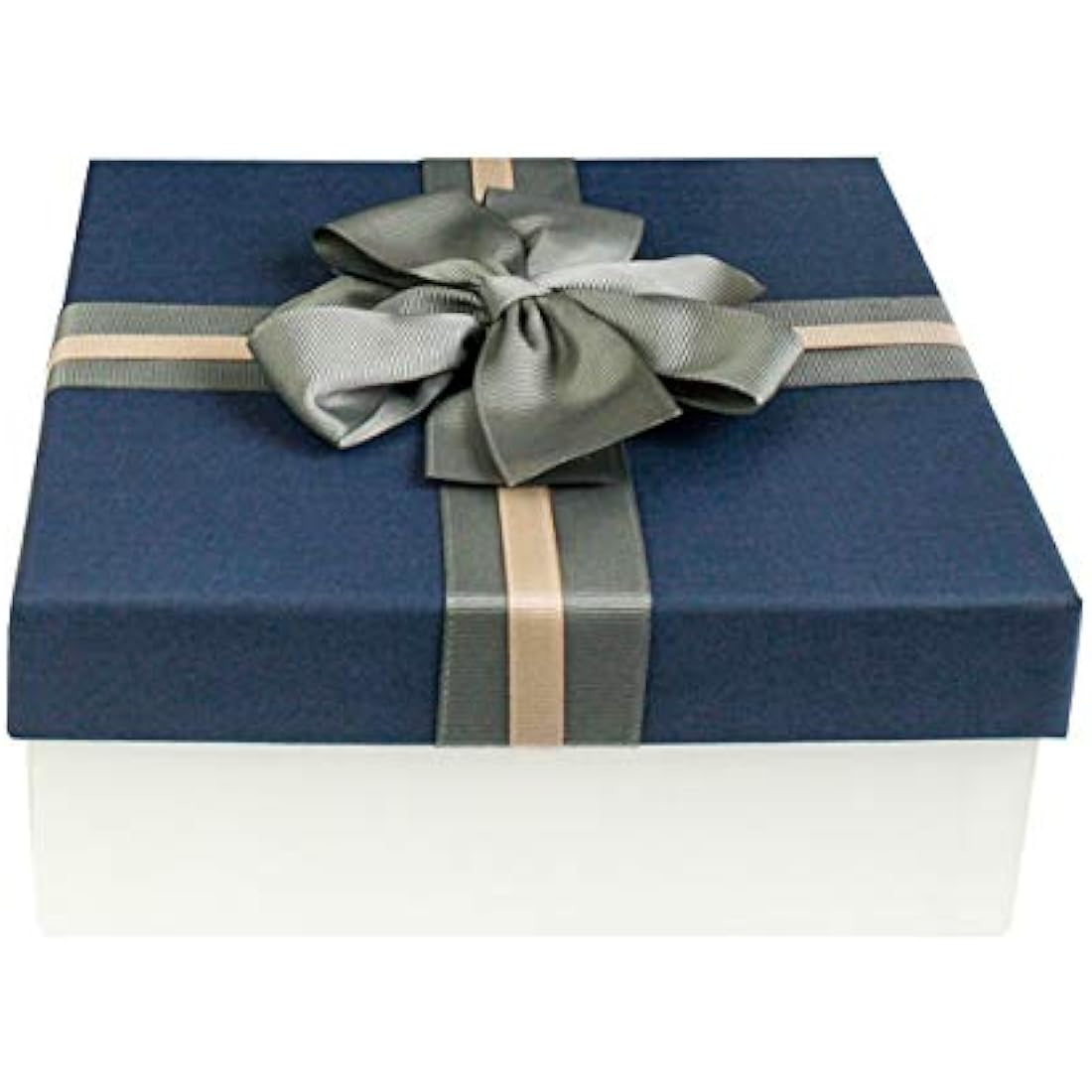 Emartbuy Luxury Gift Box – Cream & Blue Striped Bow – 23.5cm Square