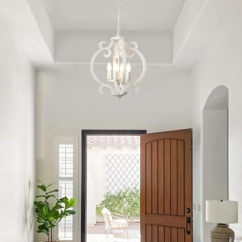 LynPon 4-Light White Farmhouse Chandelier | Rustic French Wood Pendant