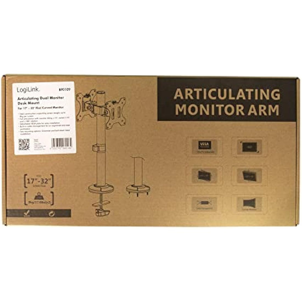 Logilink Dual Monitor Mount – 17-32" Steel Desk Stand for Curved Screens
