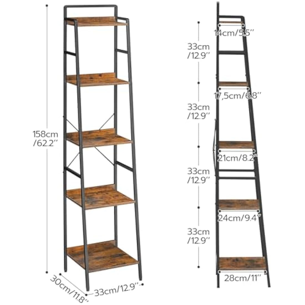HOOBRO 5-Tier Ladder Shelf – Narrow Industrial Bookcase, Rustic Brown