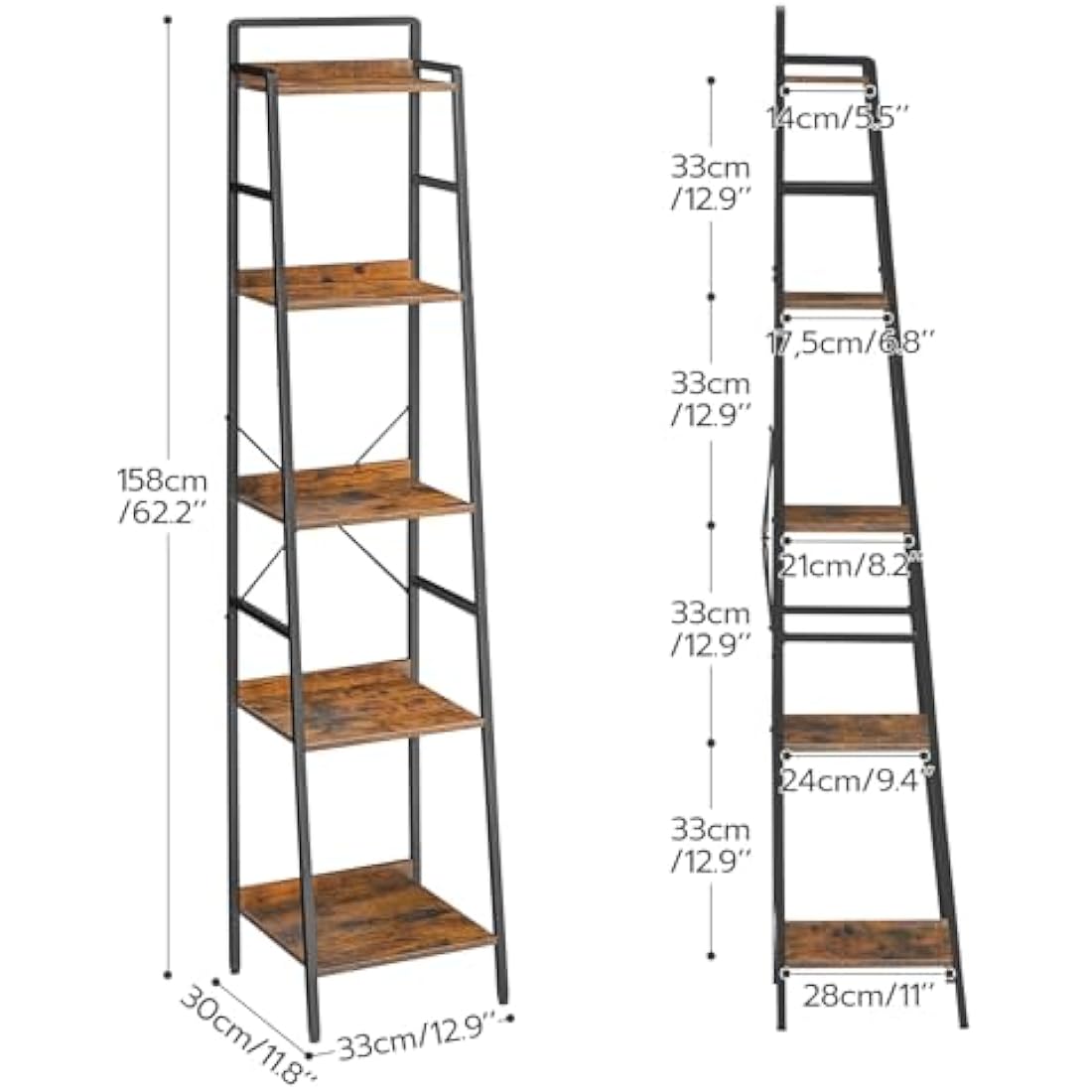 HOOBRO 5-Tier Ladder Shelf – Narrow Industrial Bookcase, Rustic Brown