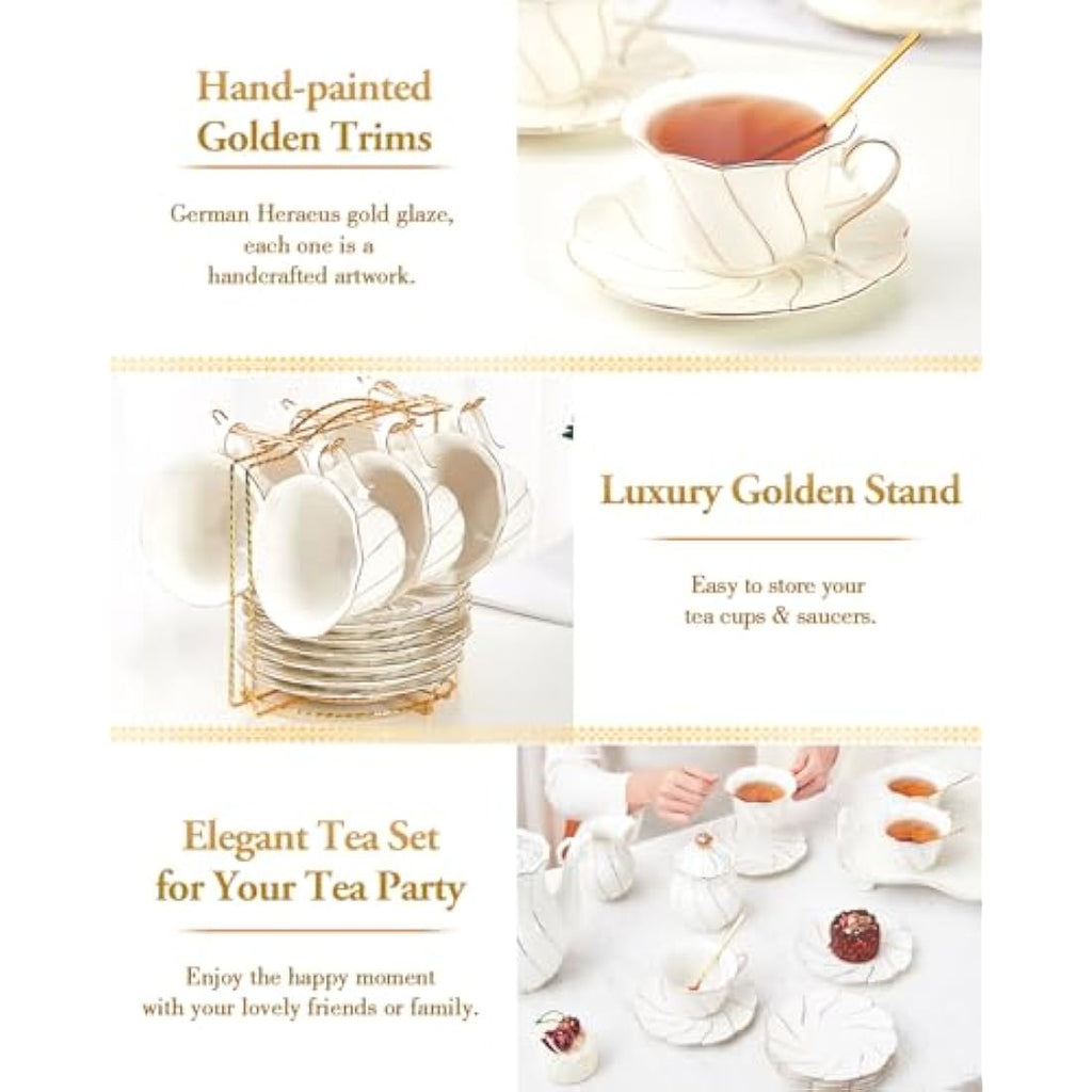 DUJUST 22-Piece White Porcelain Tea Set | Luxury British Style with Stand