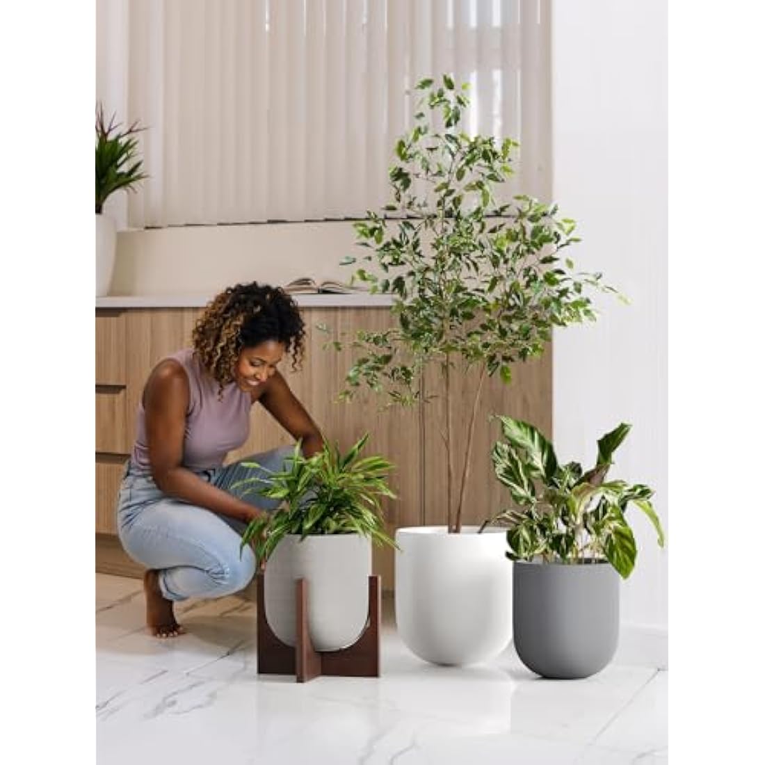 LE TAUCI 25cm Ceramic Plant Pot | Grey Cylinder Planter with Drainage