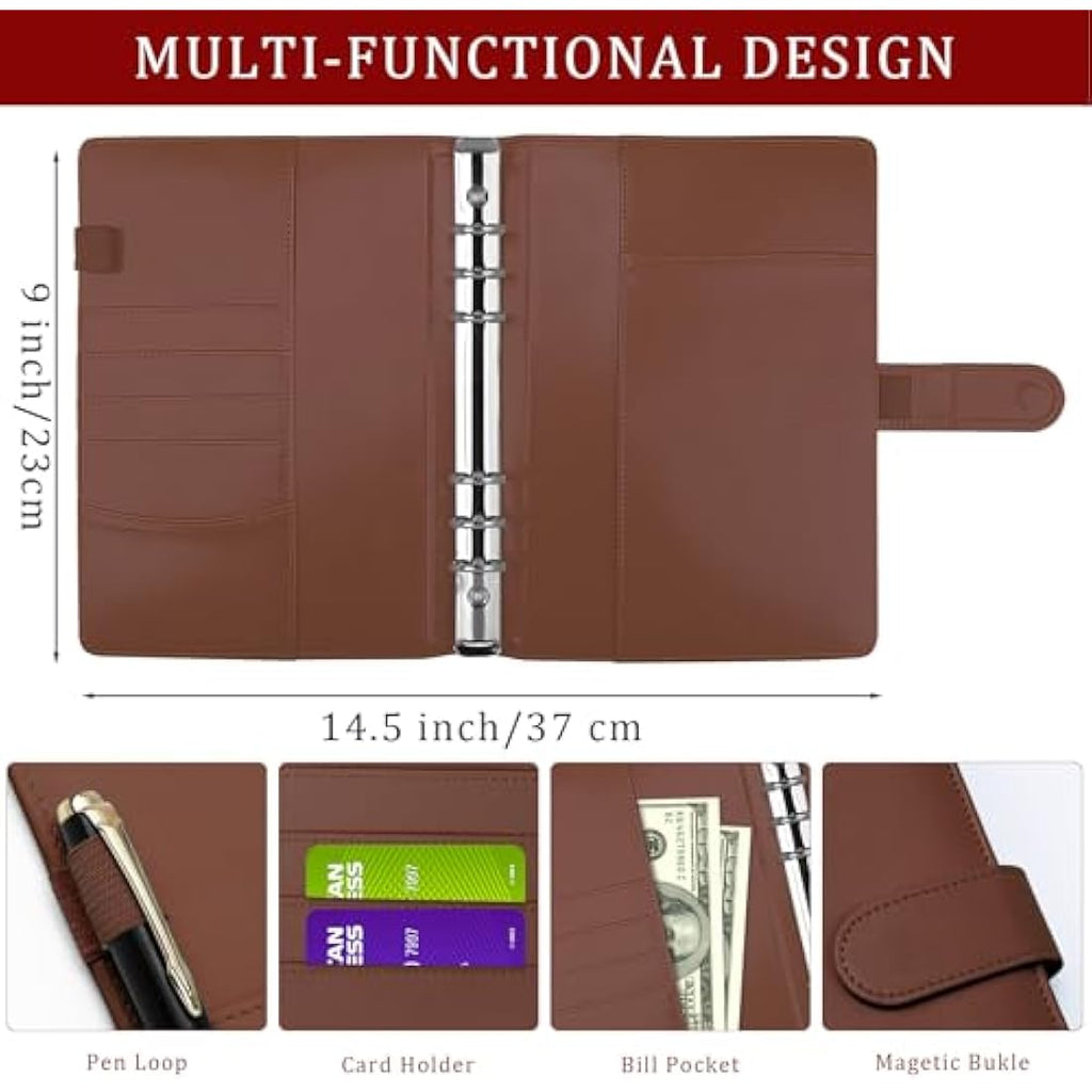 Jolof Store A5 Ring Binder - Refillable PU Leather Budget Notebook, Brown