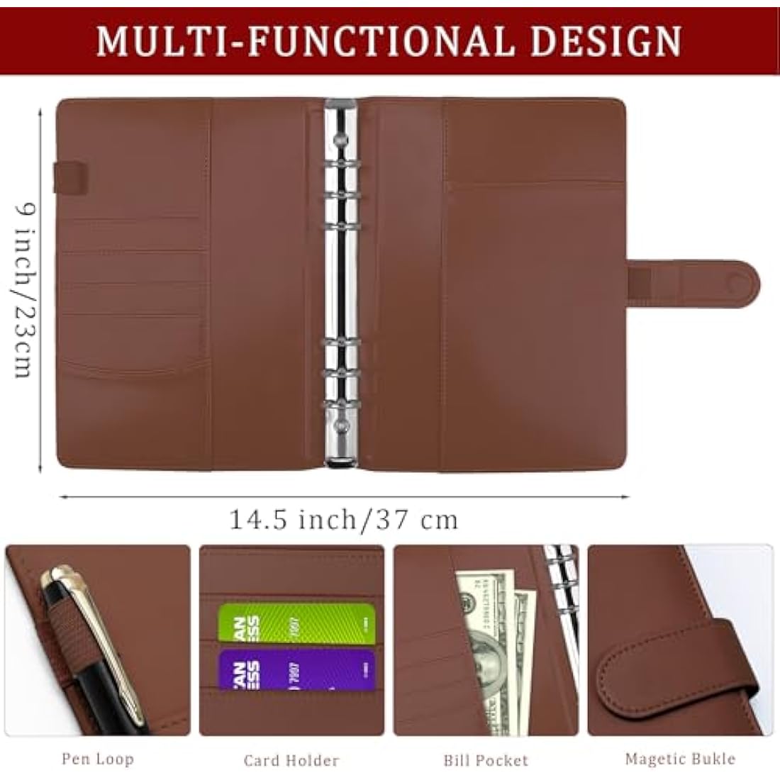 Jolof Store A5 Ring Binder - Refillable PU Leather Budget Notebook, Brown