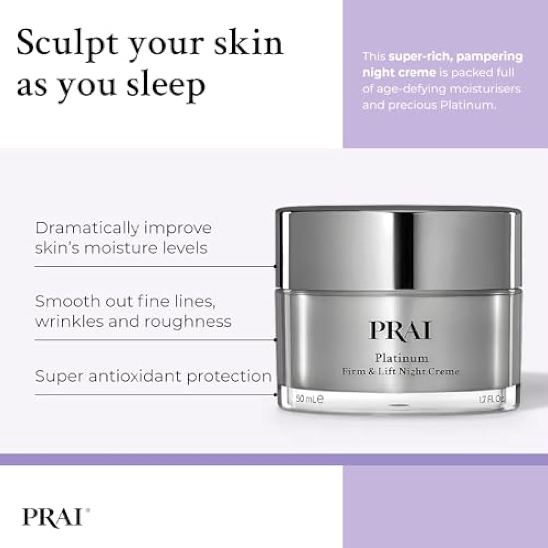 PRAI Platinum Firm & Lift Night Creme – 50ml Anti-Aging Moisturiser