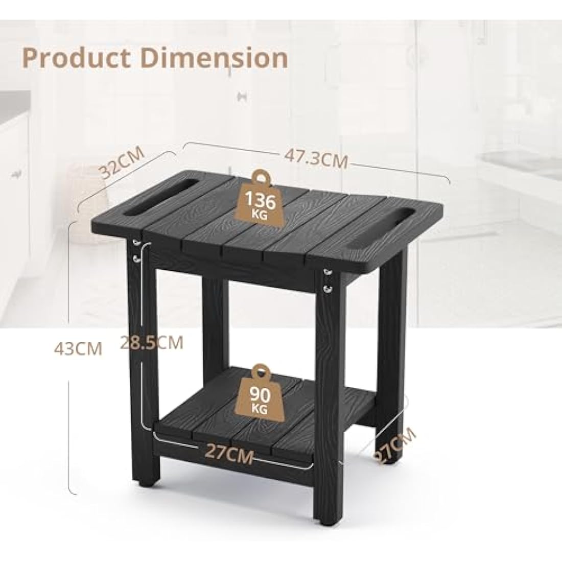 LUE BONA HDPS Shower Bench | Waterproof Non-Slip Bath Stool with Shelf
