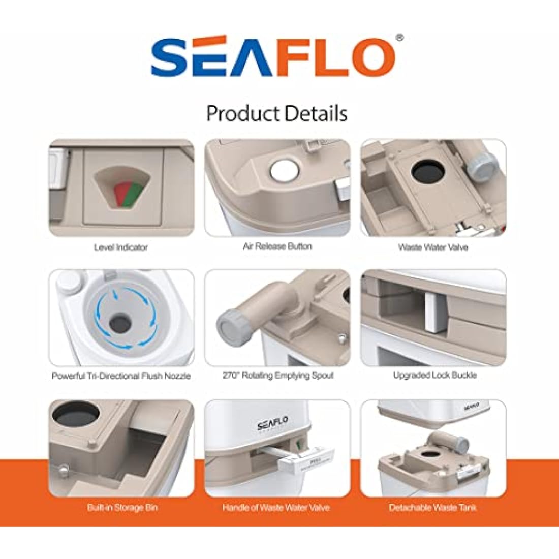 SEAFLO 4.8 Gallon Portable Travel Toilet | 18L Piston Flush RV Camping