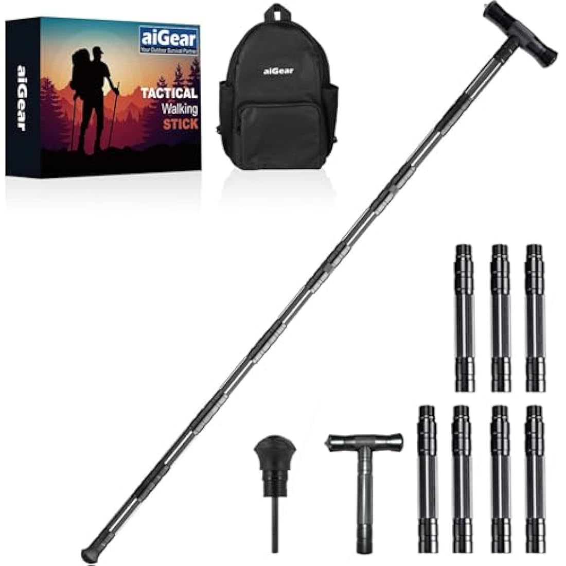 aiGear Tactical Hiking Stick | Aluminum Collapsible Trekking Pole - Black