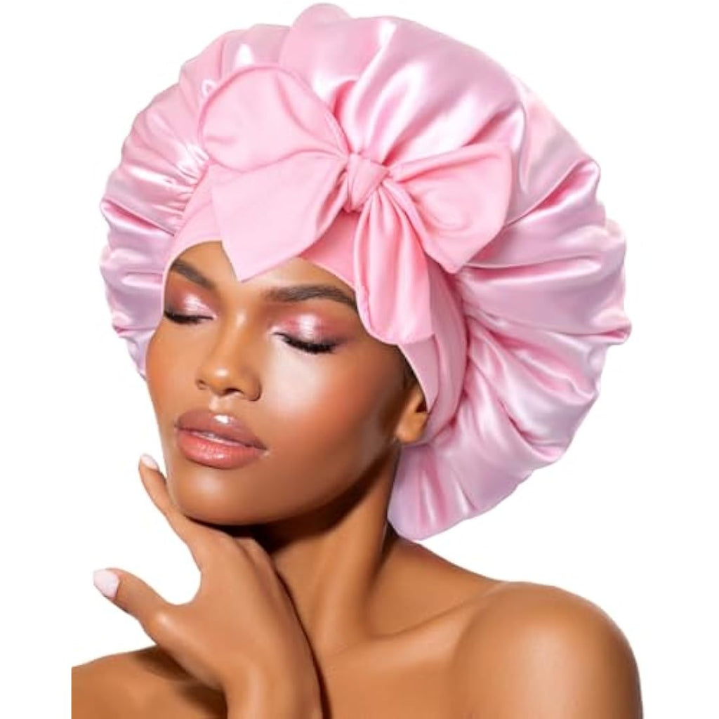 Satin Silk Bonnet for Curly Hair | Adjustable Tie Band, Pink