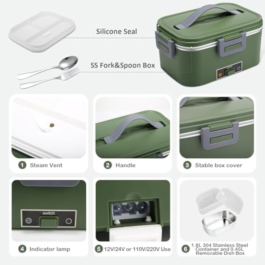 BYbrutek 100W Electric Lunch Box – 1.8L Stainless Steel Food Warmer (Green)