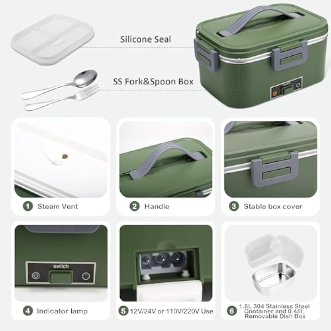 BYbrutek 100W Electric Lunch Box – 1.8L Stainless Steel Food Warmer (Green)