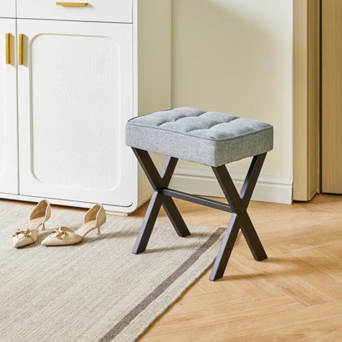 IBUYKE Square Linen Vanity Stool – Blue Gray Ottoman with X-Legs