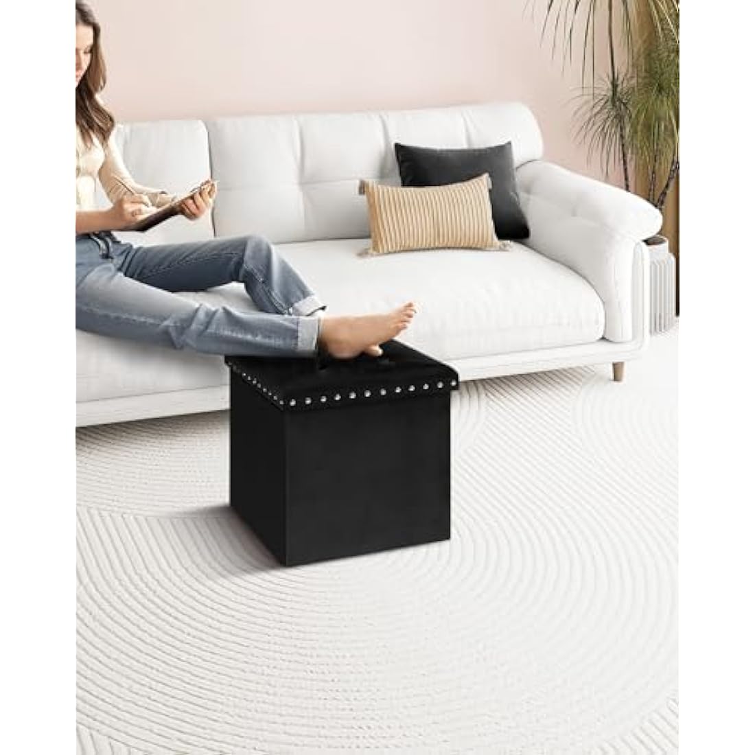 Bonlife Velvet Storage Ottoman | Folding Footstool & Coffee Table - Black