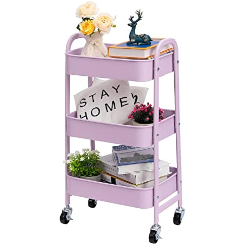 DOEWORKS 3-Tier Metal Rolling Utility Cart - Slim Storage Trolley, Purple