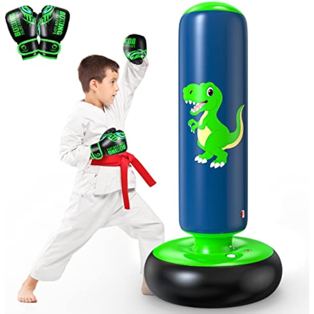 QPAU Kids Inflatable Dinosaur Punching Bag Set with Gloves for Ages 3-8