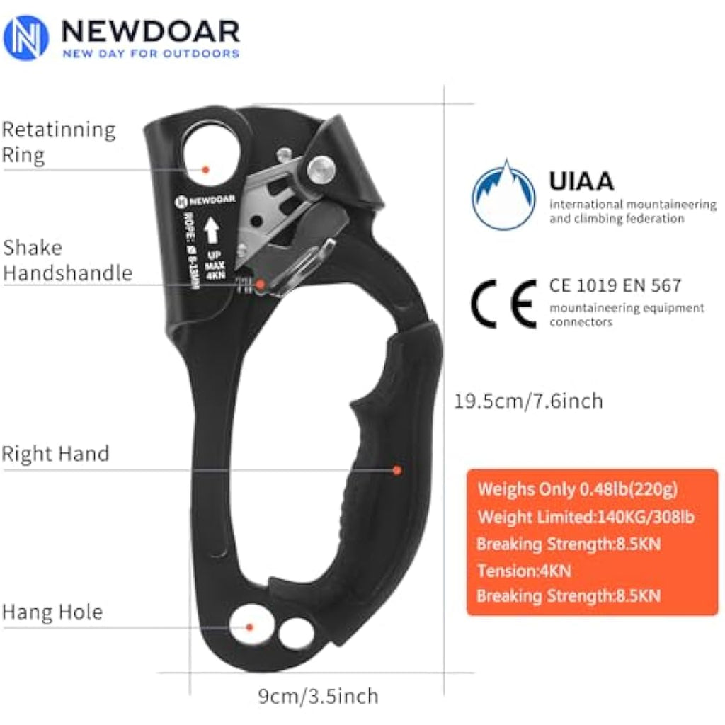 NewDoar Hand Ascender – UIAA Certified Rock Climbing Rope Clamp 8-13mm