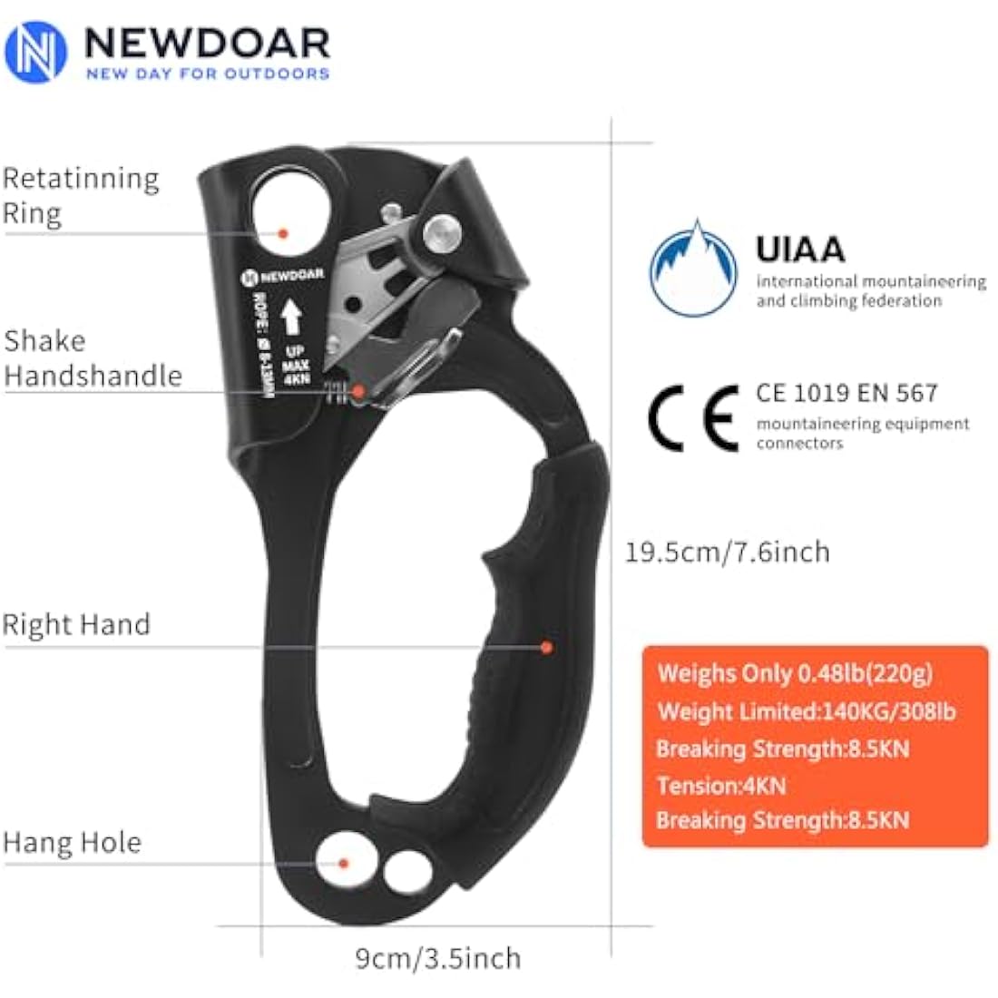 NewDoar Hand Ascender – UIAA Certified Rock Climbing Rope Clamp 8-13mm