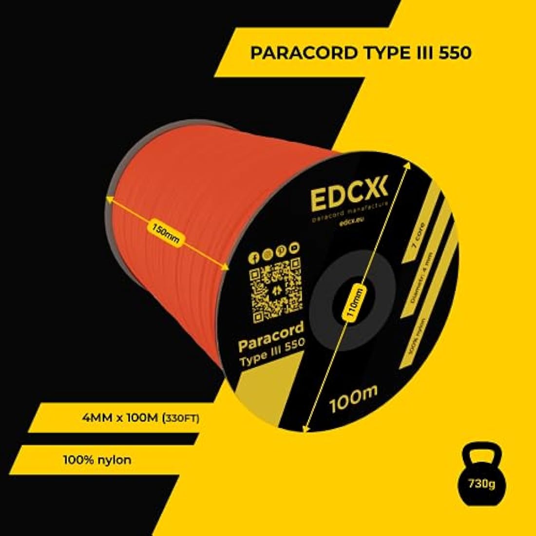 EDCX 550 Paracord – 4mm 7-Strand Nylon Rope for Camping & DIY, 15m