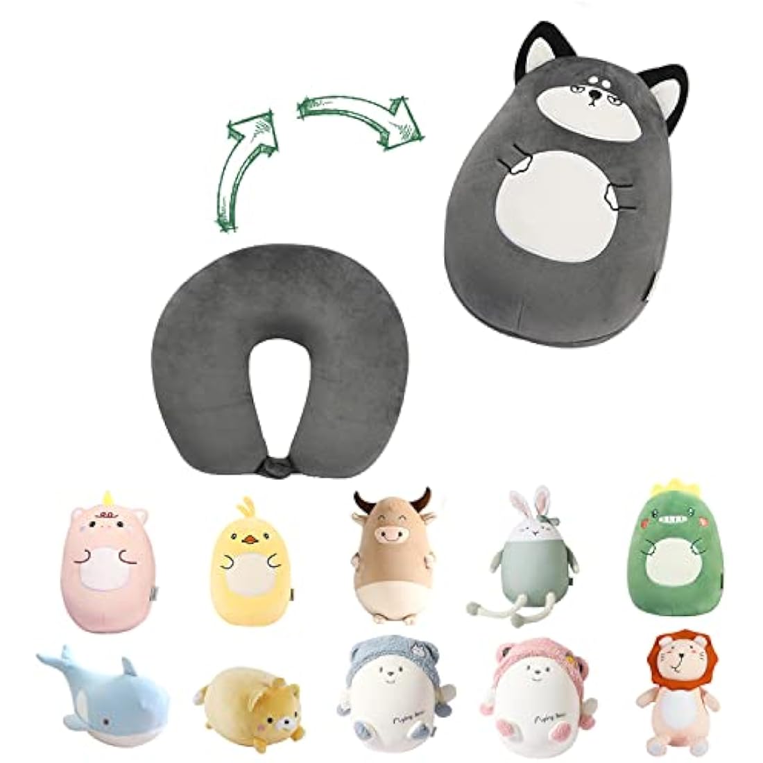 JOYRAVO Kids 2-in-1 Convertible Neck Pillow – Plush Husky Travel Pillow