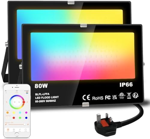 Smart RGB LED Floodlight | 80W 8000LM Bluetooth IP66 | 2 Pack