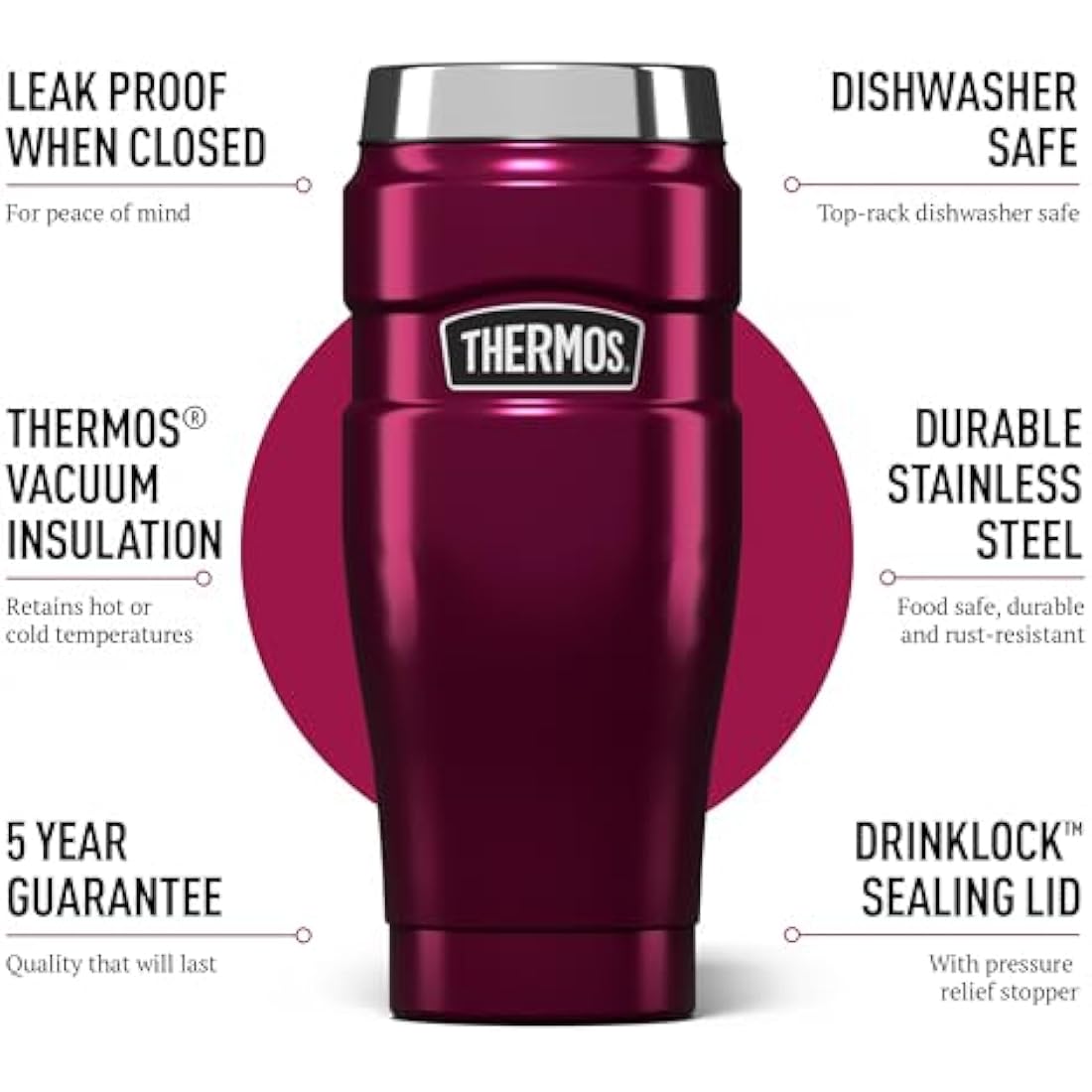 Thermos Stainless King Travel Tumbler – 470ml Insulated Flask, Raspberry