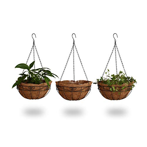 Relaxdays Set of 3 Coconut Hanging Planters – 35cm Iron Flower Baskets