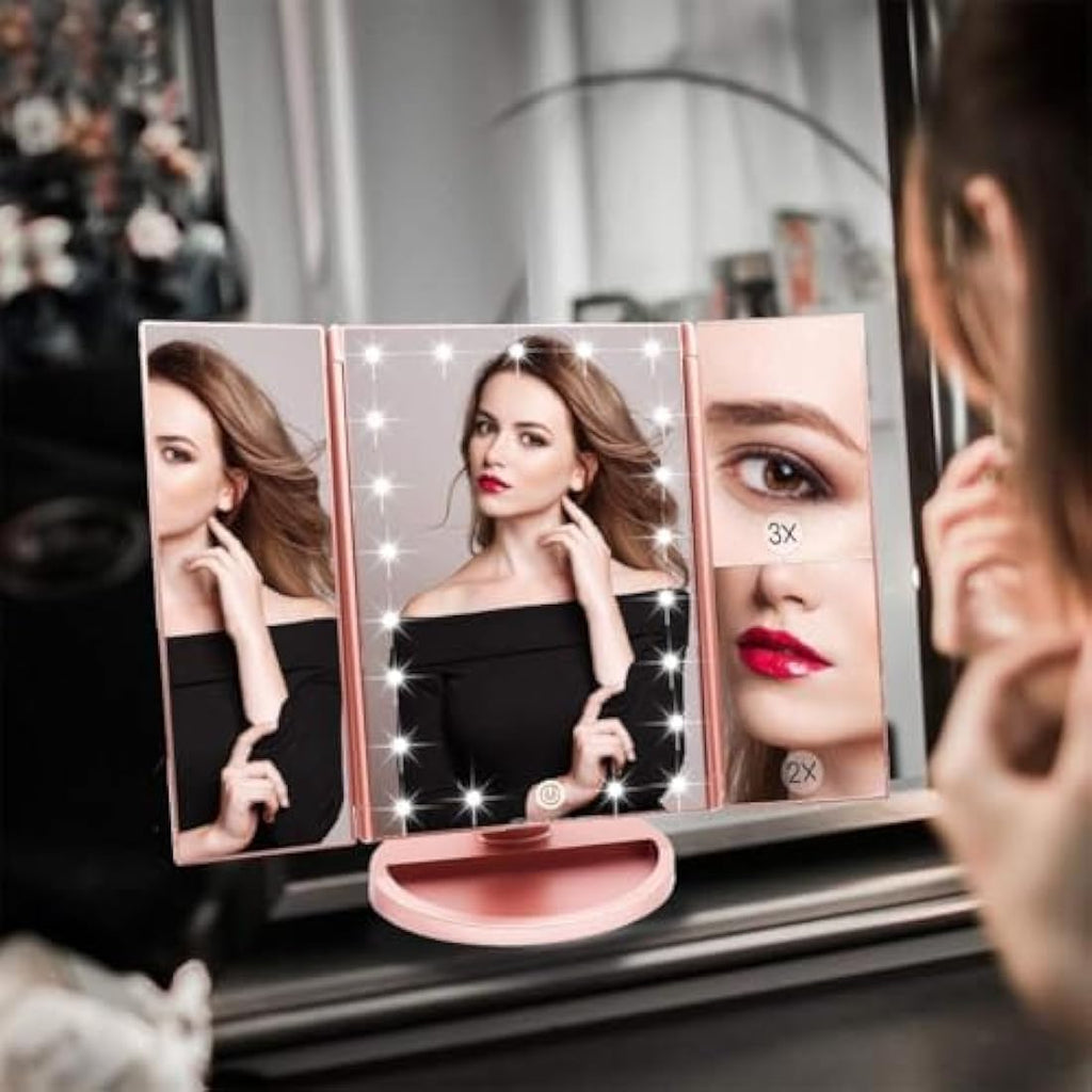 WEILY Tri-fold LED Makeup Mirror | 2X/3X Magnification - Rose Gold
