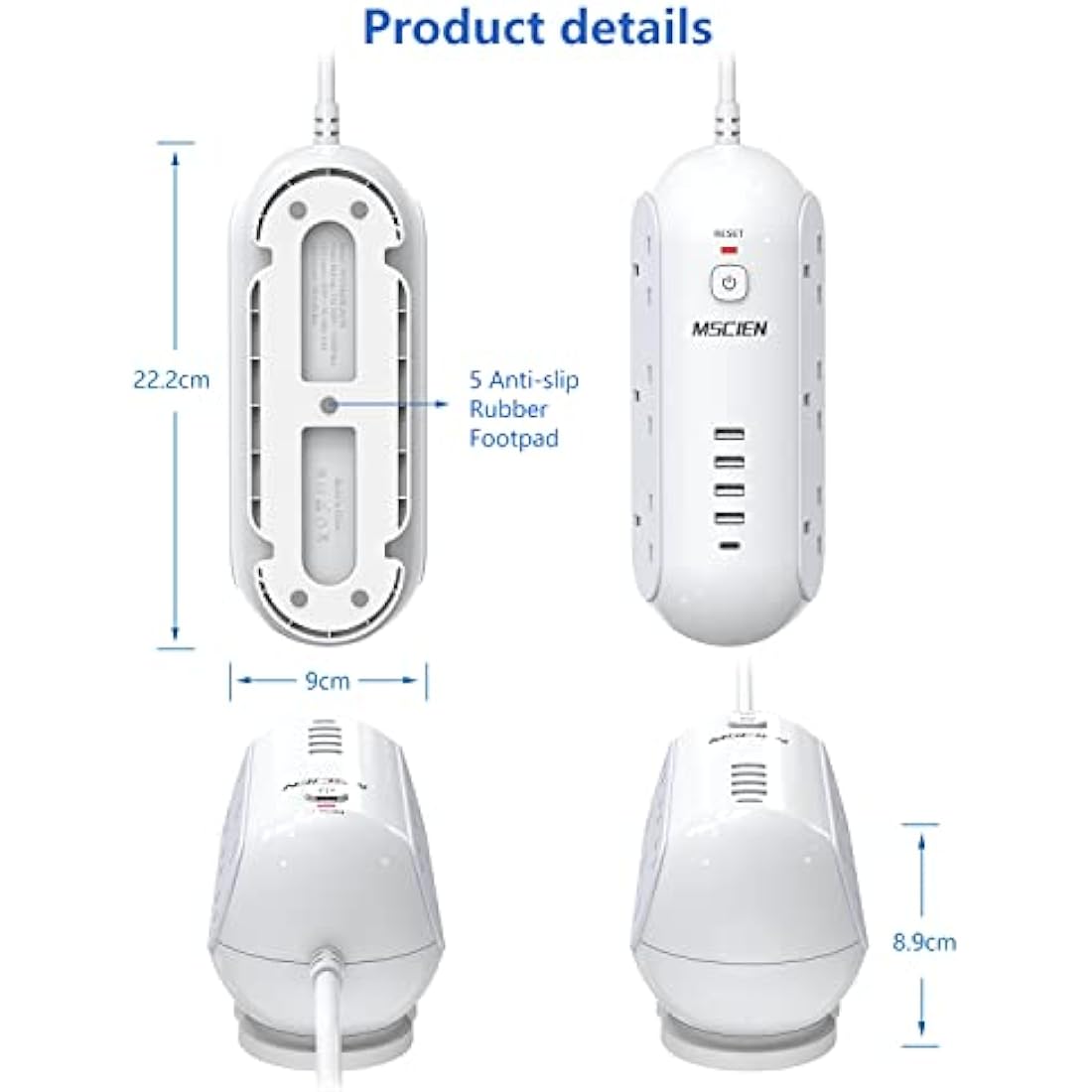 Mscien 5M Extension Lead | 6 Way Power Strip with 5 USB Ports & USB-C