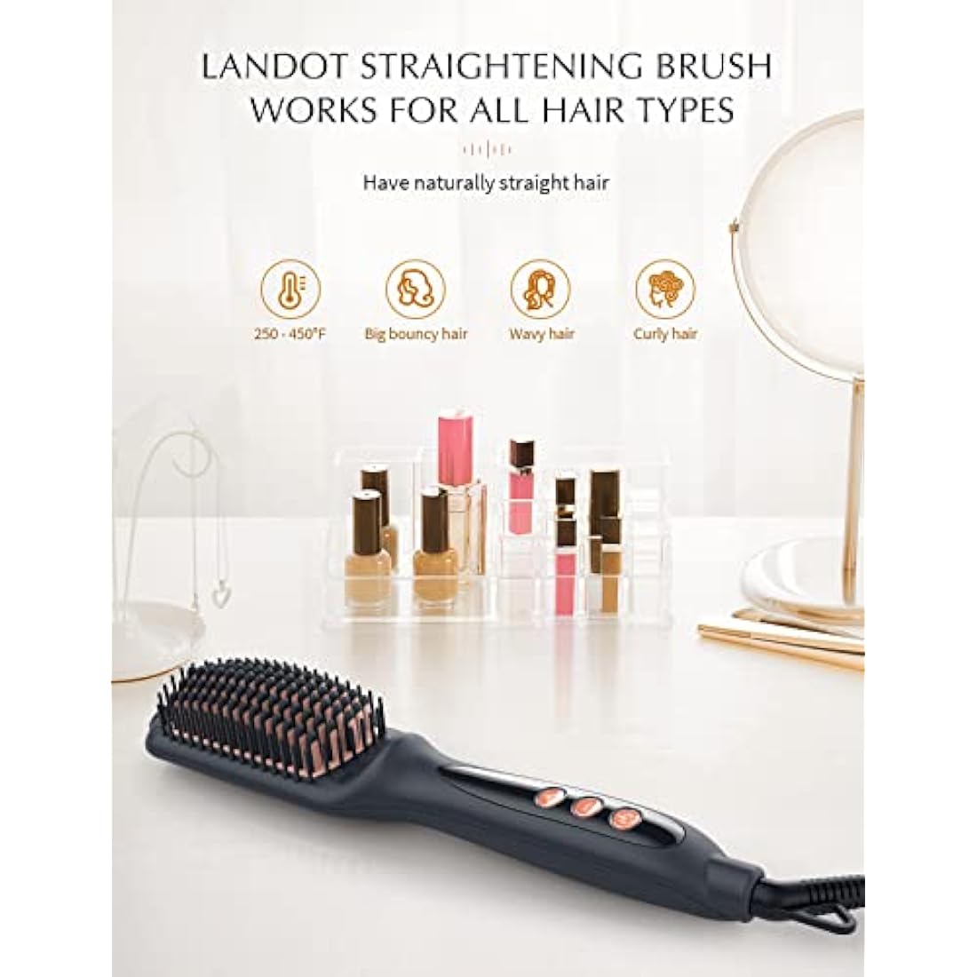 LANDOT Negative Ion Ceramic Hair Straightener Brush for Frizz Control