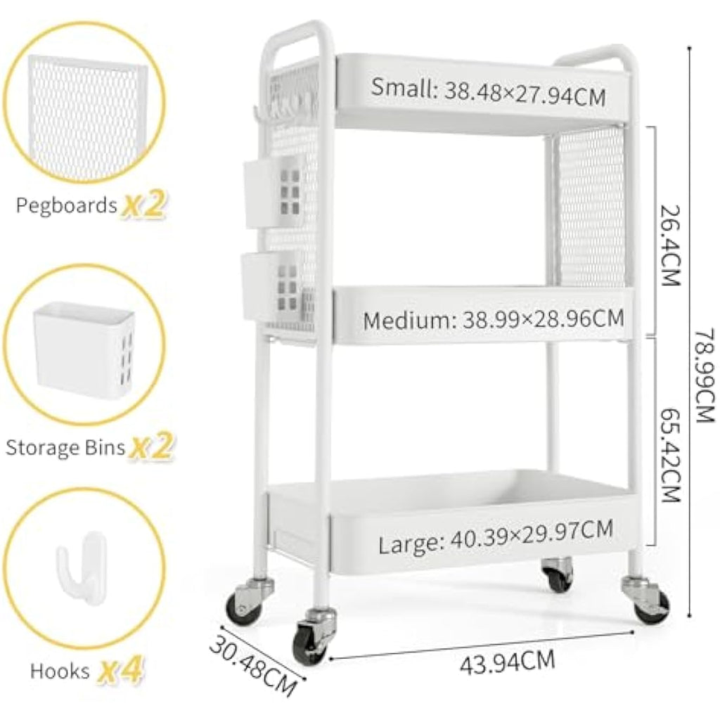 Urackify 3-Tier Rolling Utility Cart with Pegboard and Hooks - White