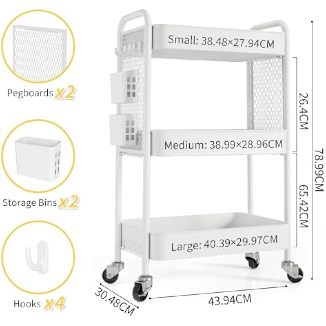 Urackify 3-Tier Rolling Utility Cart with Pegboard and Hooks - White