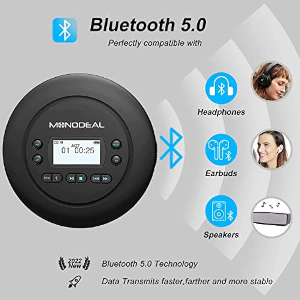 MONODEAL Portable Bluetooth CD Player – Rechargeable with Anti-Skip