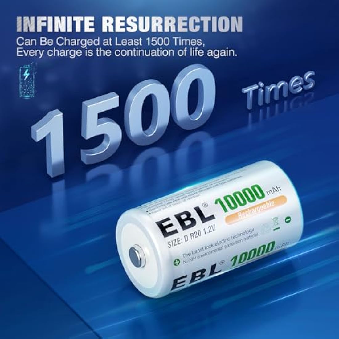 EBL D Cell Rechargeable Batteries | 10000mAh NiMH 6-Pack with Case