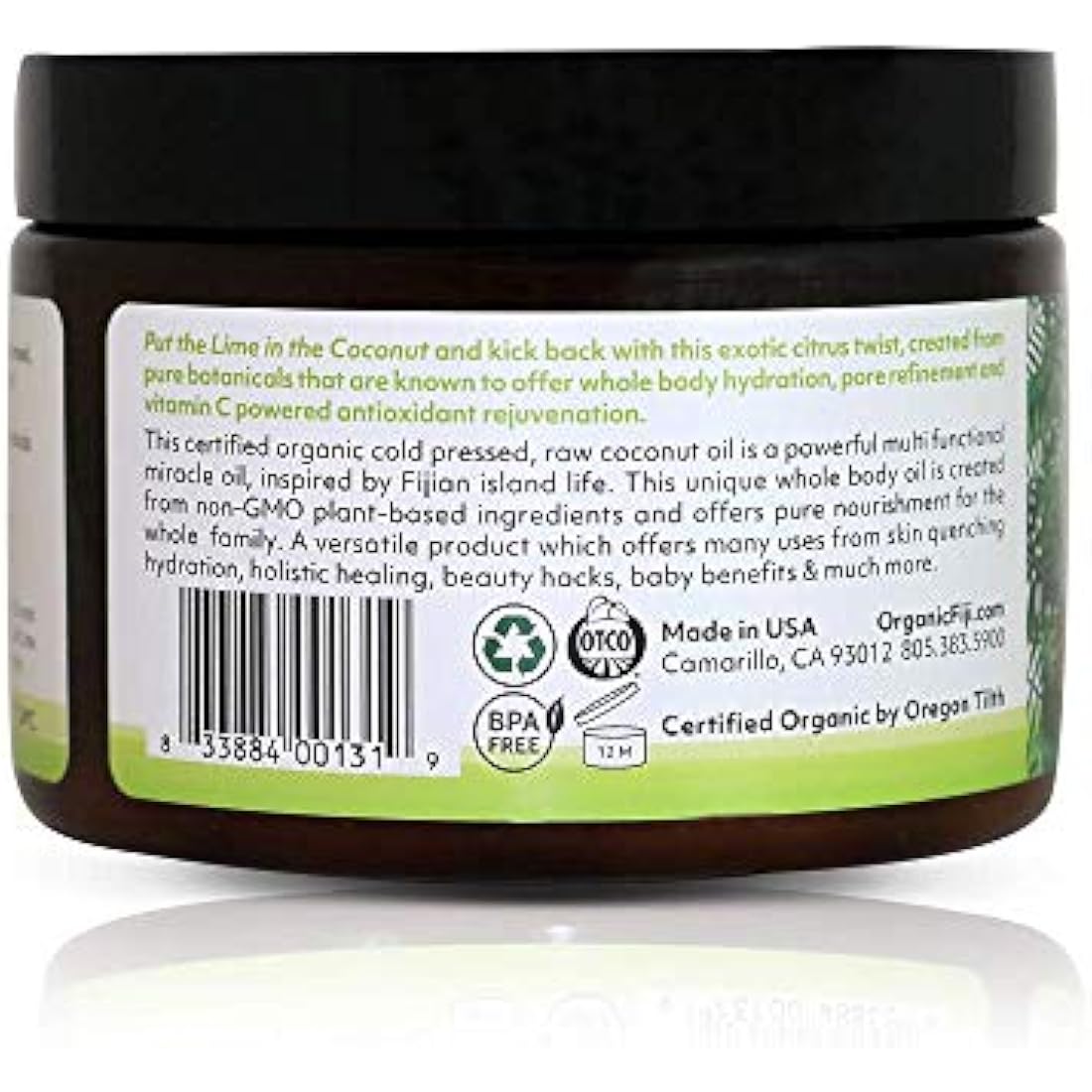 Organic Fiji Raw Cold Pressed Coconut Oil for Hair & Skin | Coconut Lime, 12oz