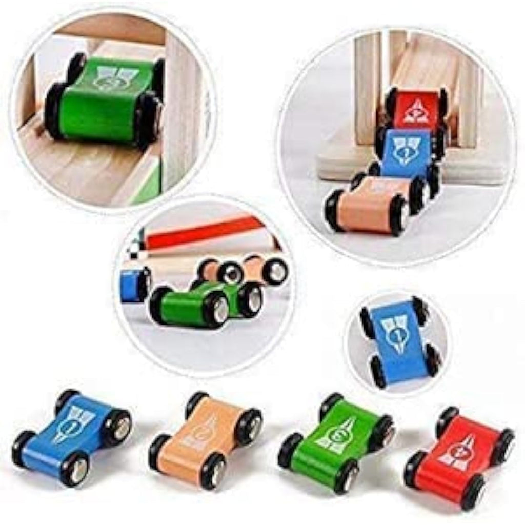 Wooden Car Ramp Toy – Toddler Race Track with 4 Cars