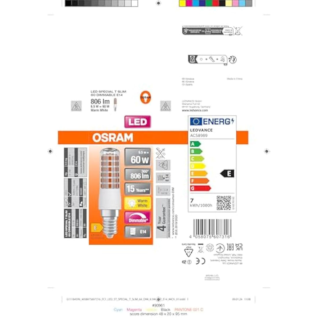 OSRAM LED Superstar T Slim E14 Dimmable Bulb, 60W Replacement, 6-Pack
