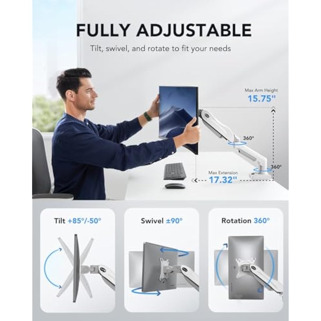 HUANUO Single Monitor Arm – Gas Spring Mount for 13-32 Inch Screens, White