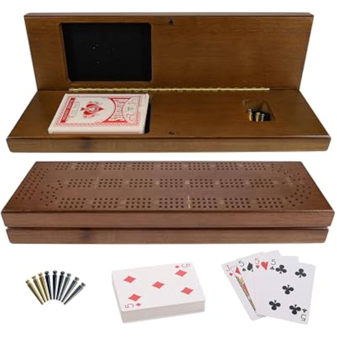 WE Games Walnut Stained Wooden Cribbage Board Set with 9 Metal Pegs