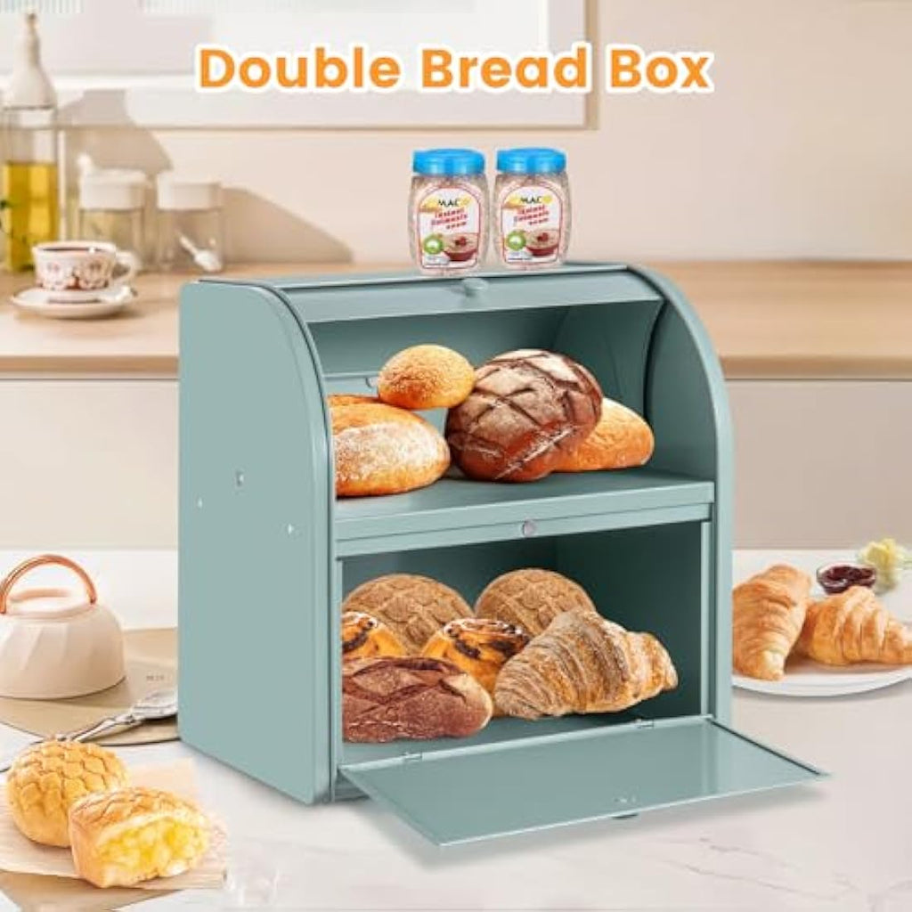 Jolof Store 2-Layer Metal Bread Bin – Large Roll Top Bread Box, Green