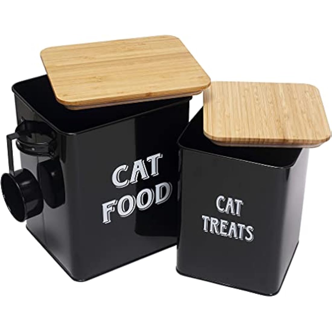 Cat Food and Treats Container Set – Beige Steel with Wood Lids