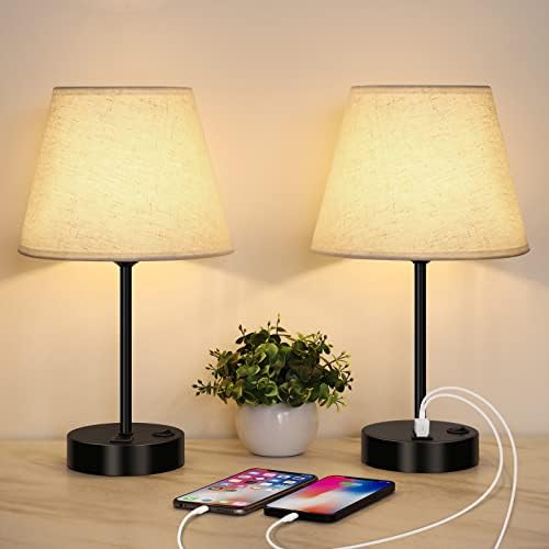 LIANTRAL Bedside Lamps Set of 2 | USB Charging Ports & Linen Shades
