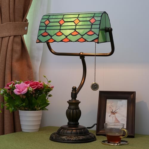 Blivuself Tiffany Style Green Banker Desk Lamp | Stained Glass Retro Light