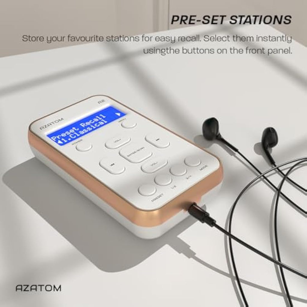 Azatom A2 Portable DAB/DAB+ & FM Digital Radio with Sports Earphones - White