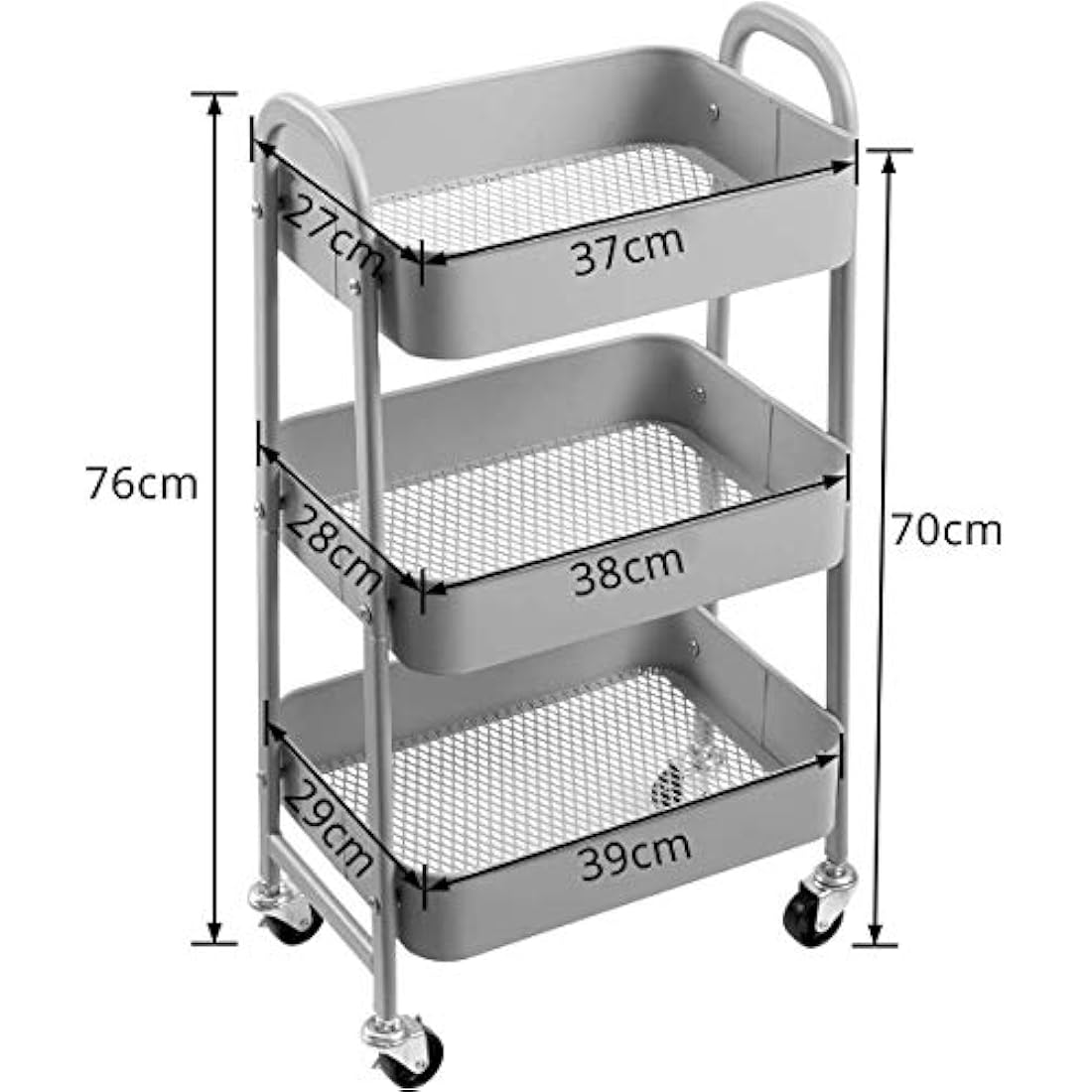 DOEWORKS 3-Tier Metal Rolling Storage Trolley - Slim Utility Cart, Grey