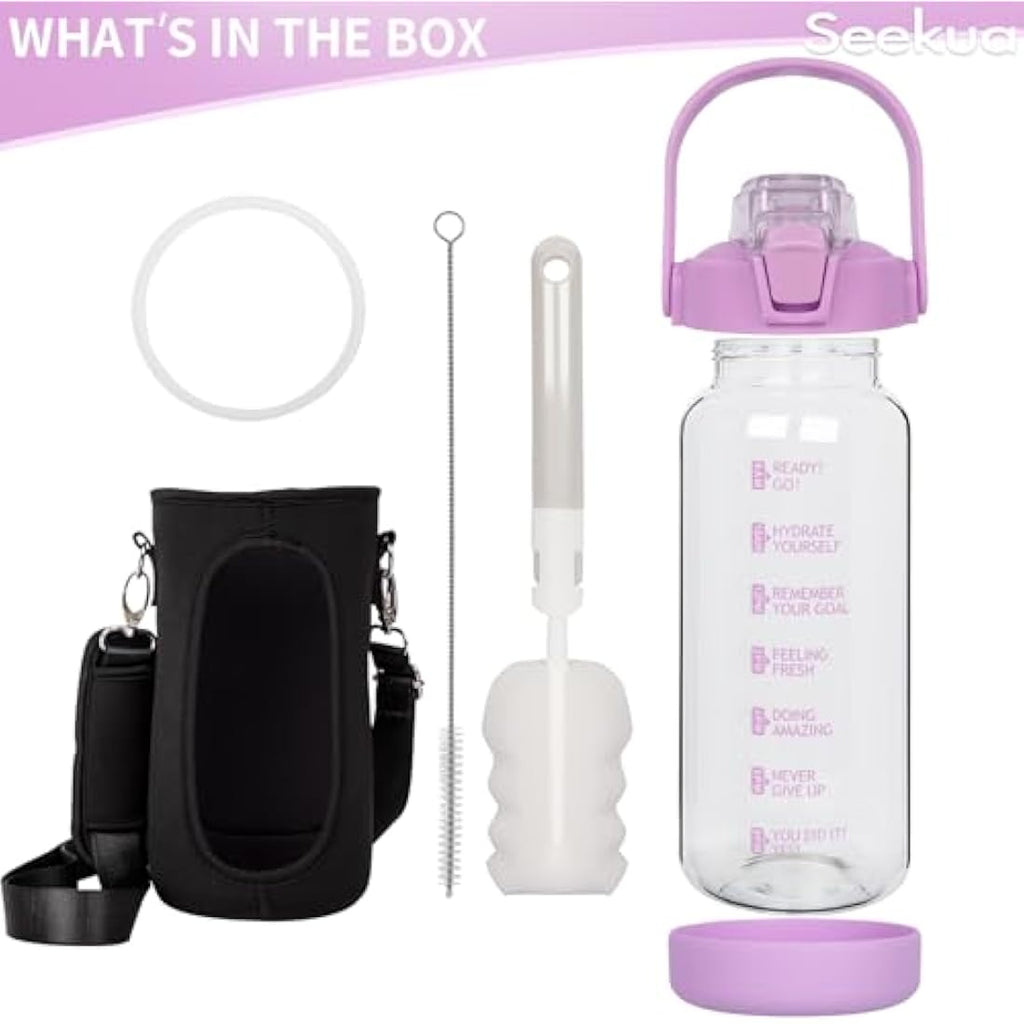 Seekua 2L Glass Water Bottle with Straw | Motivational Time Markings